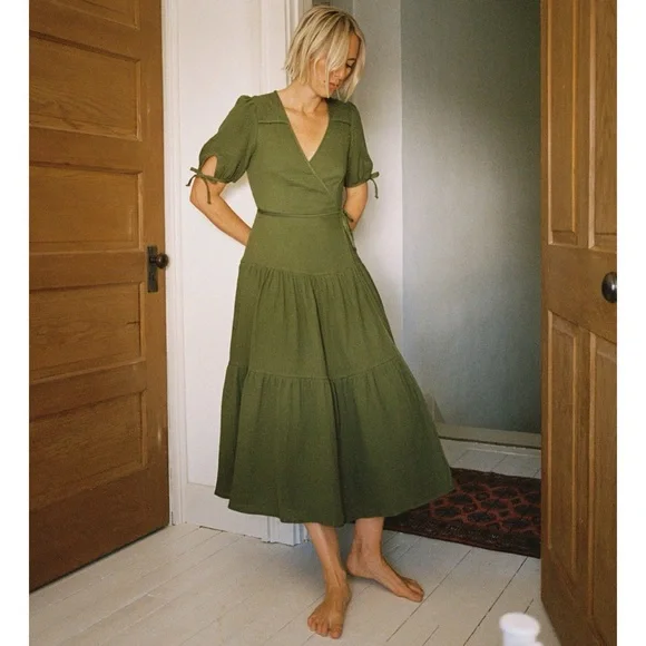 Christy Dawn The Augusta Midi Dress (Sz S) Short Puff Tie Sleeve Wrap Rust - Picture 2 of 16